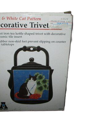 Cast Iron Decorative Trivet Cat Black & White Cat Pattern Tea Kettle Shape ACME